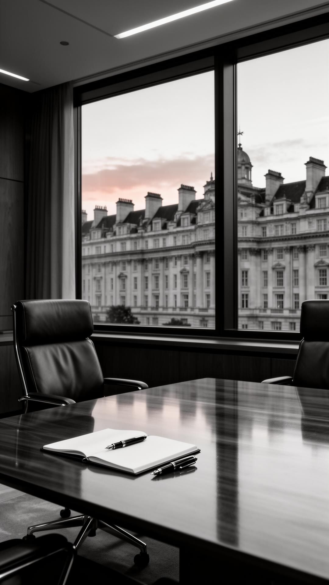 A quiet modern London boardroom at dusk with a view of classical English architecture